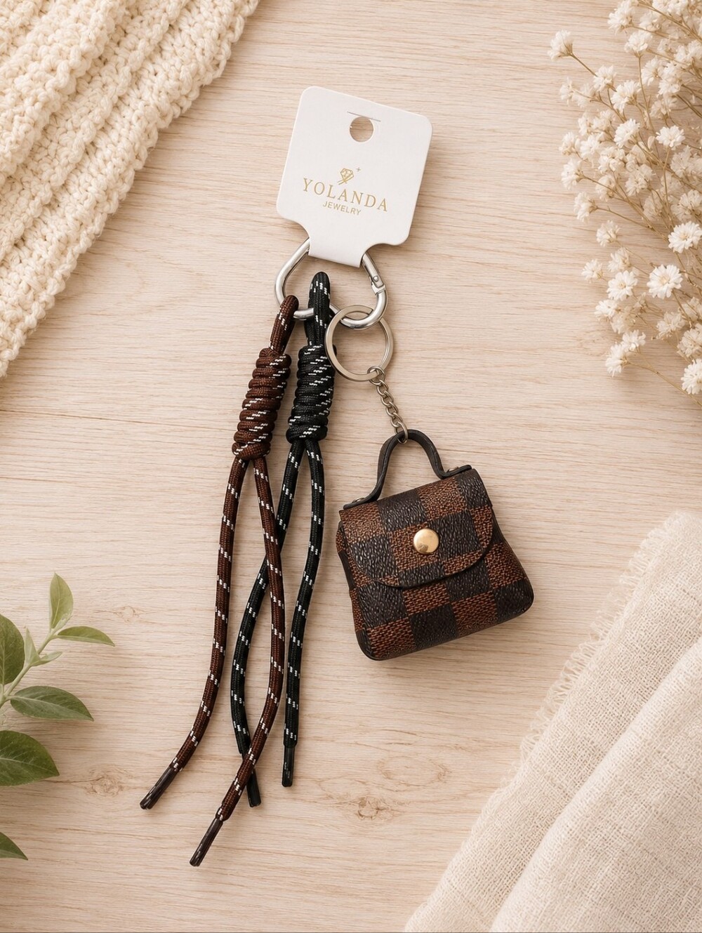 Brown Checkered Mini Purse Keychain with Braided Tassels